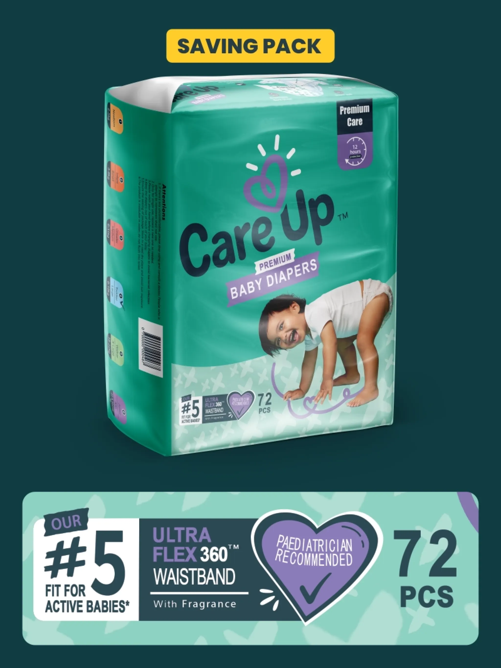 Care Up Premium Baby Diapers - S-2 Mega Pack 96 Pcs - Thumbnail