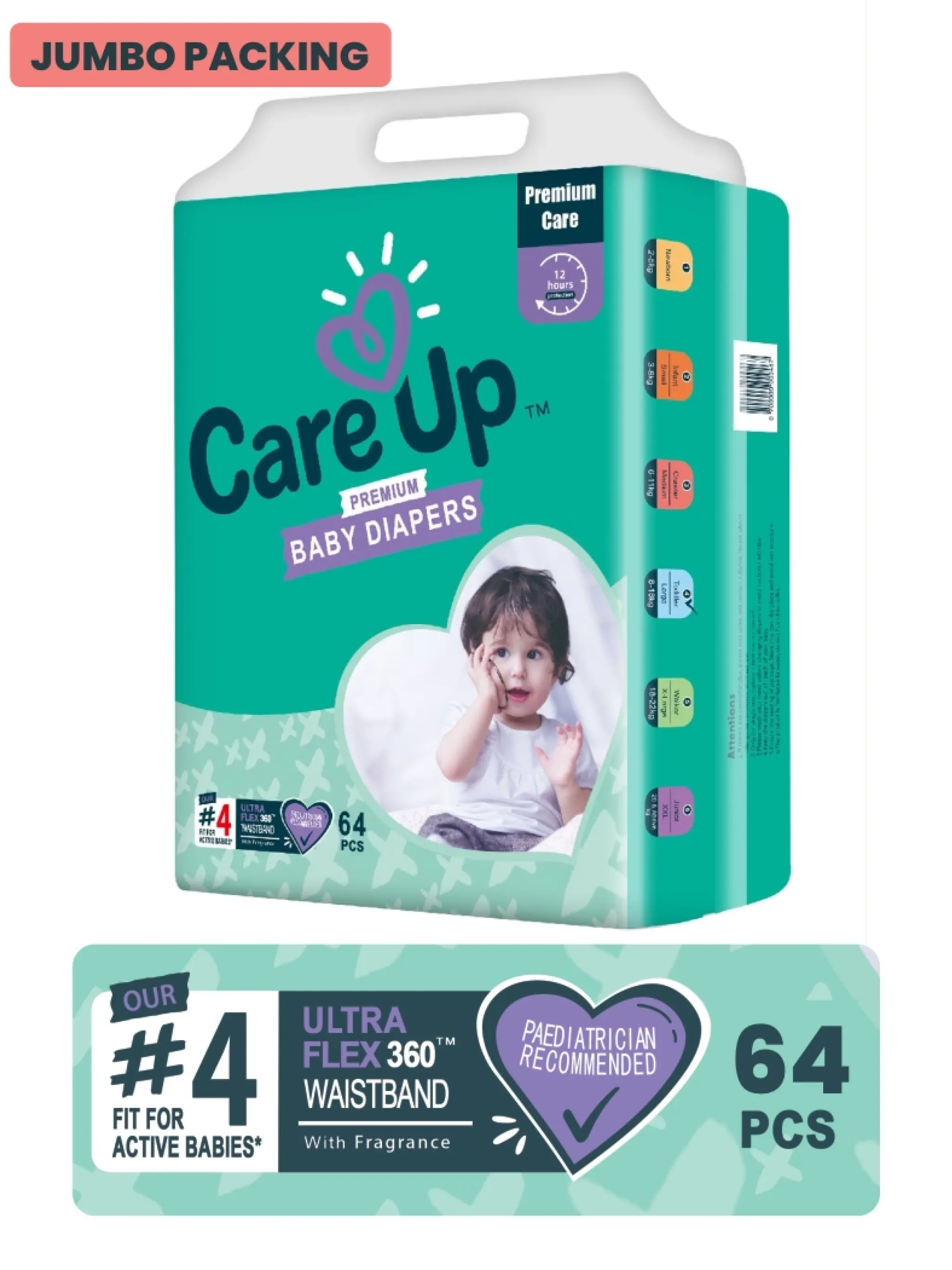  Care Up Premium Baby Diapers - M-3  Jumbo Pack 64 Pcs
