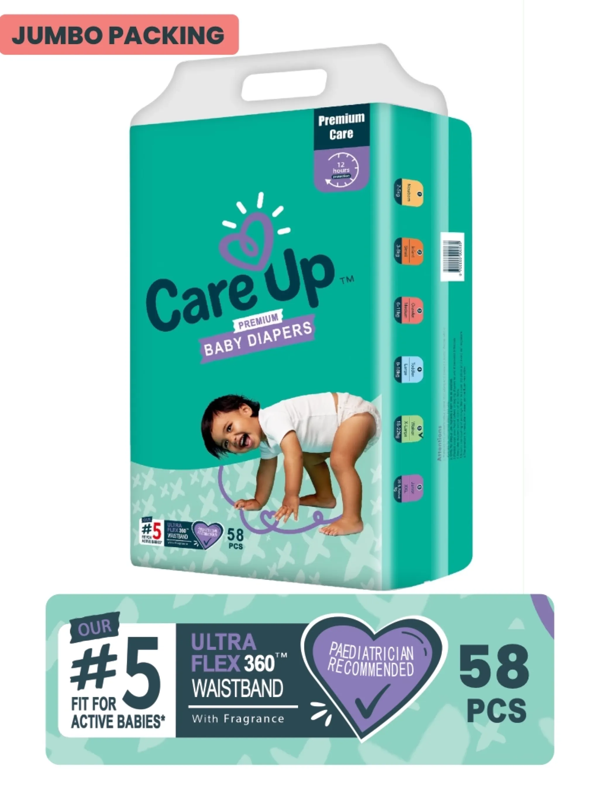  Care Up Premium Baby Diapers - XL-5 Jumbo Pack 58 Pcs