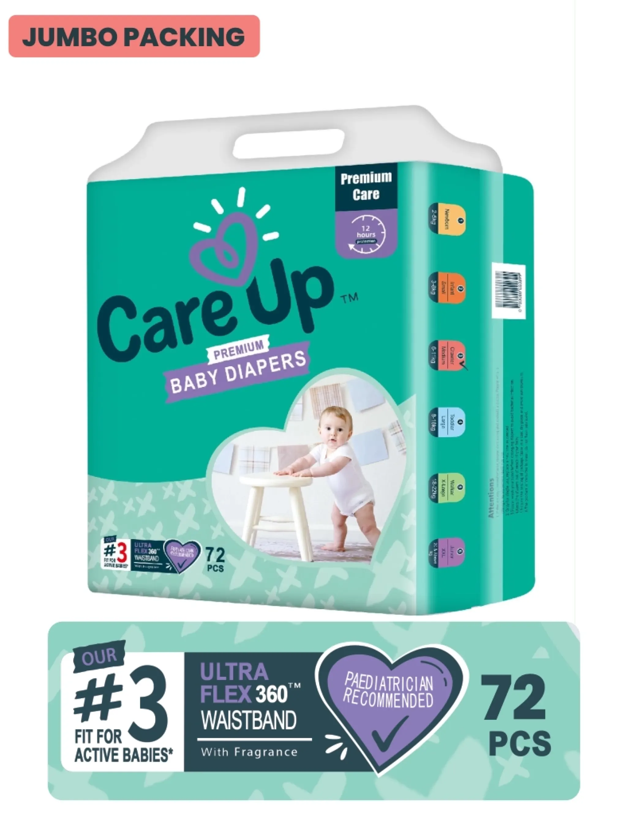  Care Up Premium Baby Diapers - L-4 Jumbo Pack 72 Pcs