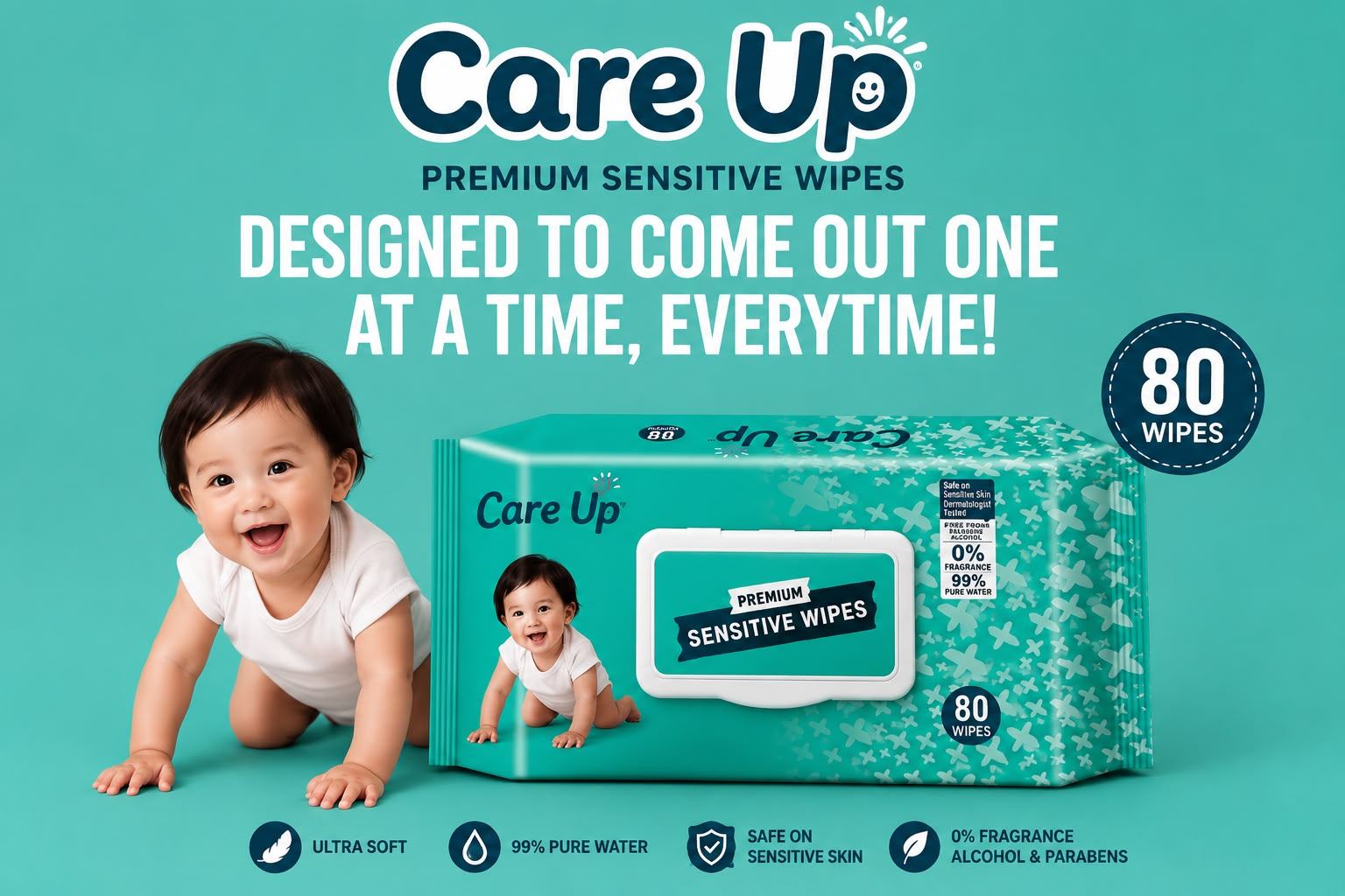 Care Up Premium Sensitive Wipes - Designed to come out one at a time